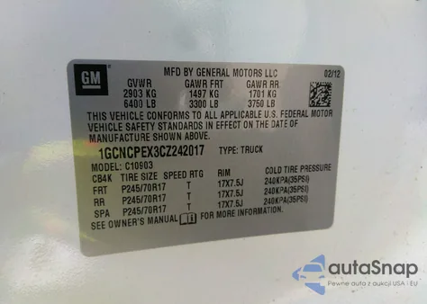 2012 Chevrolet Silverado 1500 Work Truck z USA, uszkodzony, nr VIN 1GCNCPEX3CZ242017